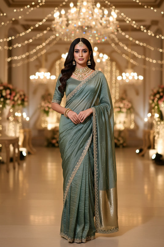 Sage-green Handwork Crushed Tissue Saree
