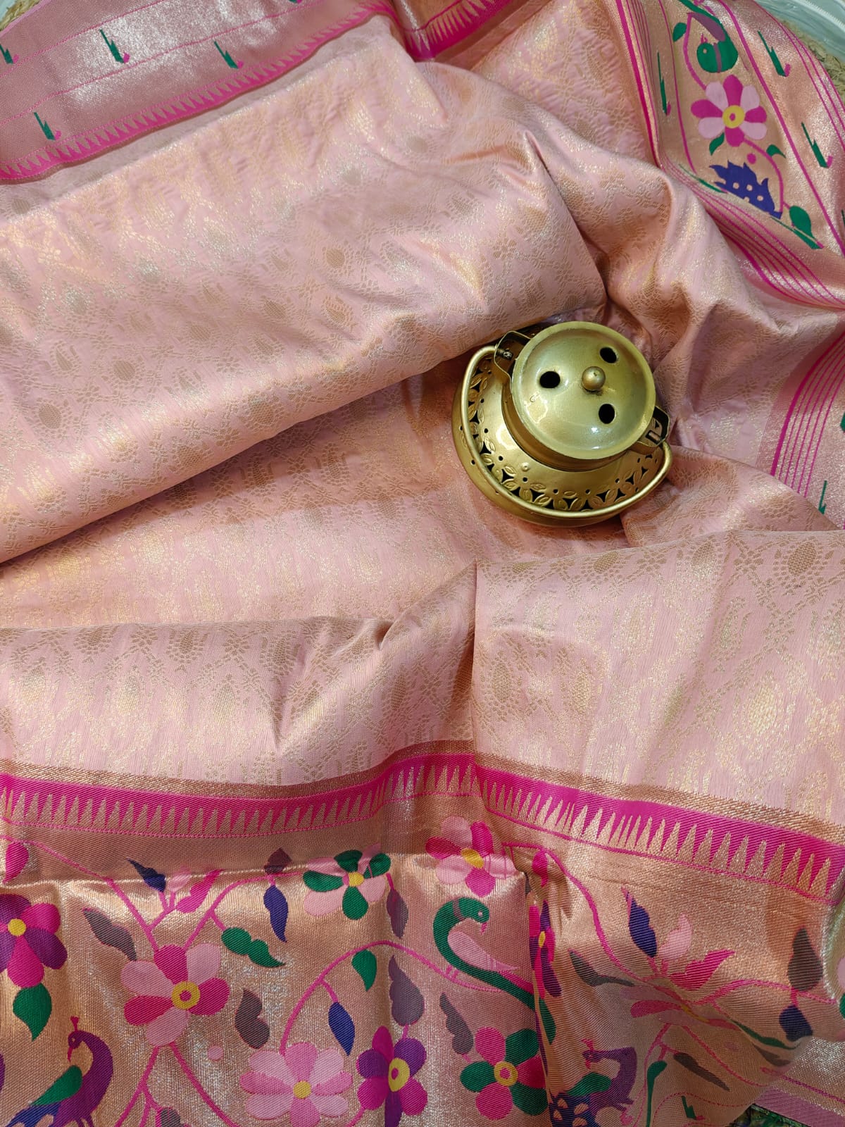 Soft Blush Pink Silk Paithani Saree with Delicate Woven Motifs