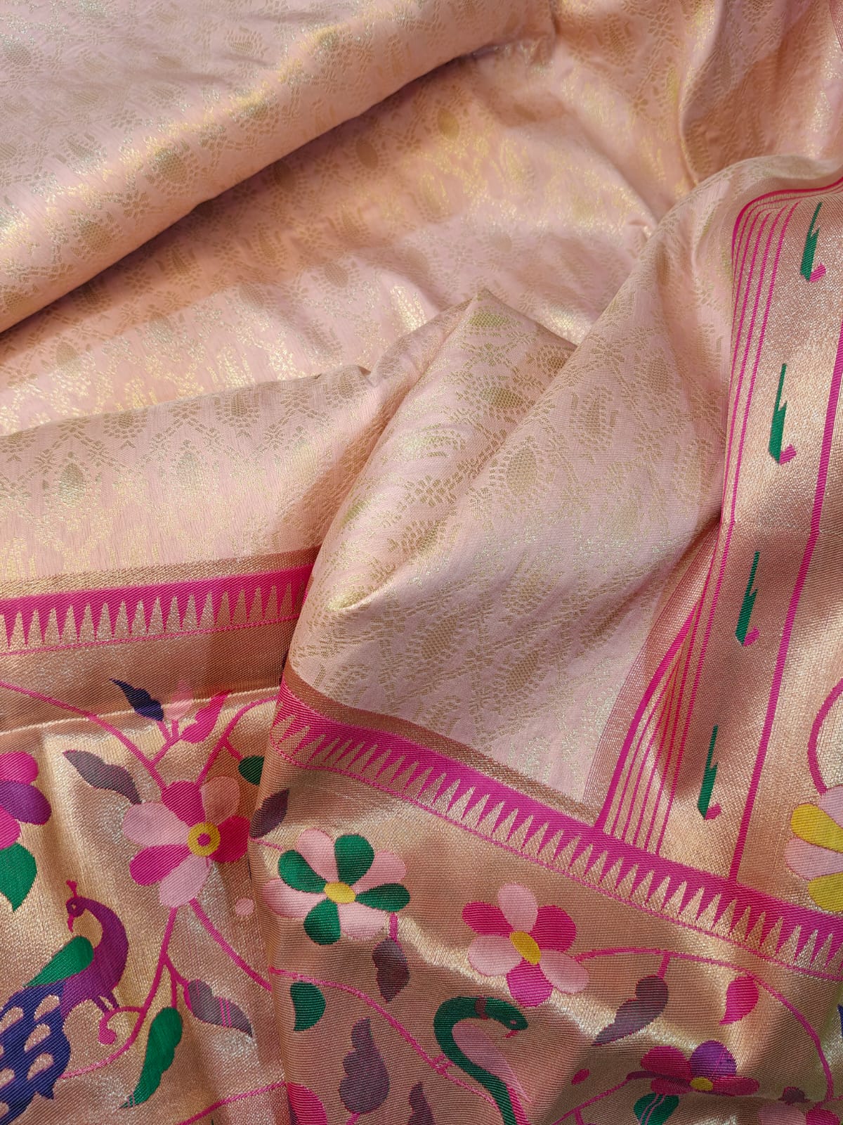 Soft Blush Pink Silk Paithani Saree with Delicate Woven Motifs