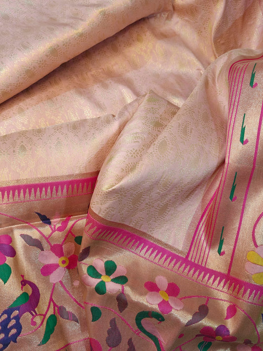 Soft Blush Pink Silk Paithani Saree with Delicate Woven Motifs