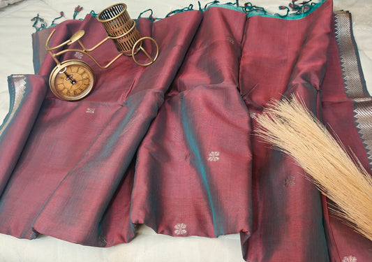Vintage Wine Mangalagiri Saree with Silver Zari Border