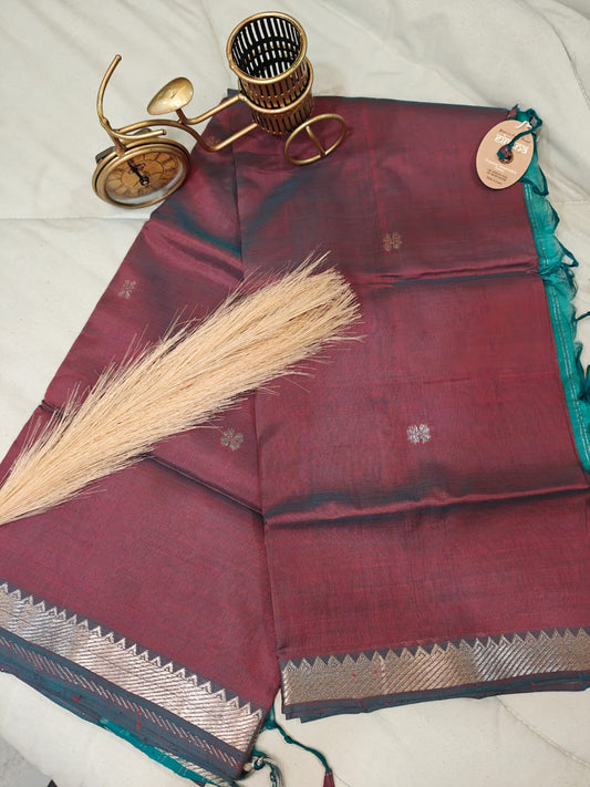 Vintage Wine Mangalagiri Saree with Silver Zari Border