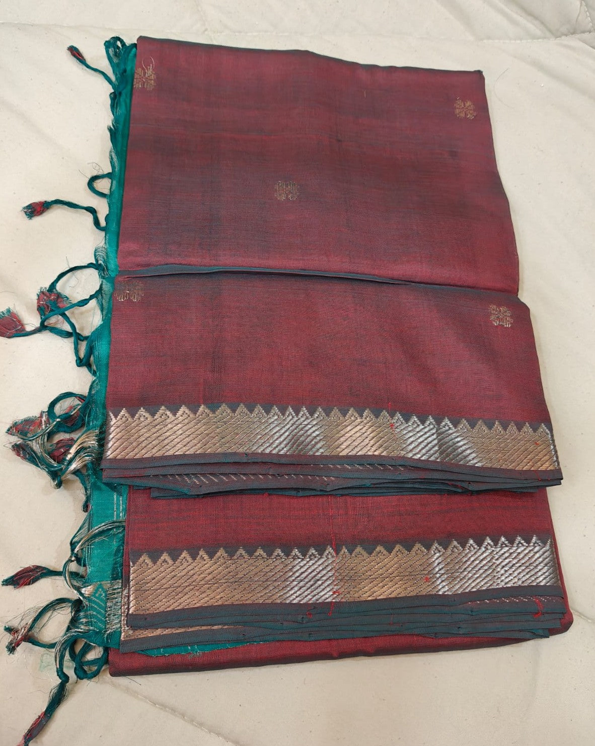 Vintage Wine Mangalagiri Saree with Silver Zari Border