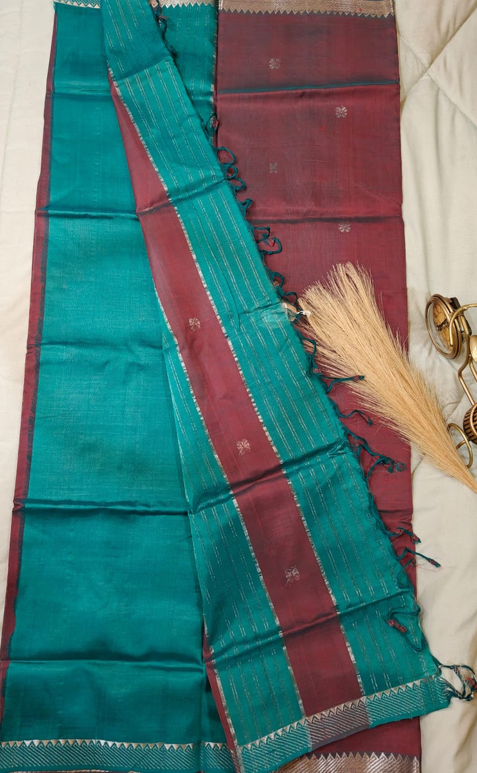 Vintage Wine Mangalagiri Saree with Silver Zari Border