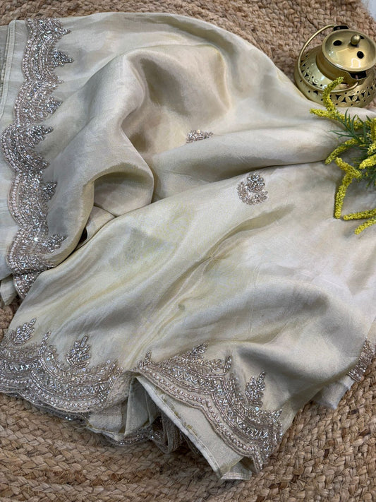 Ivory Grace – Hand-Embellished Tissue Saree