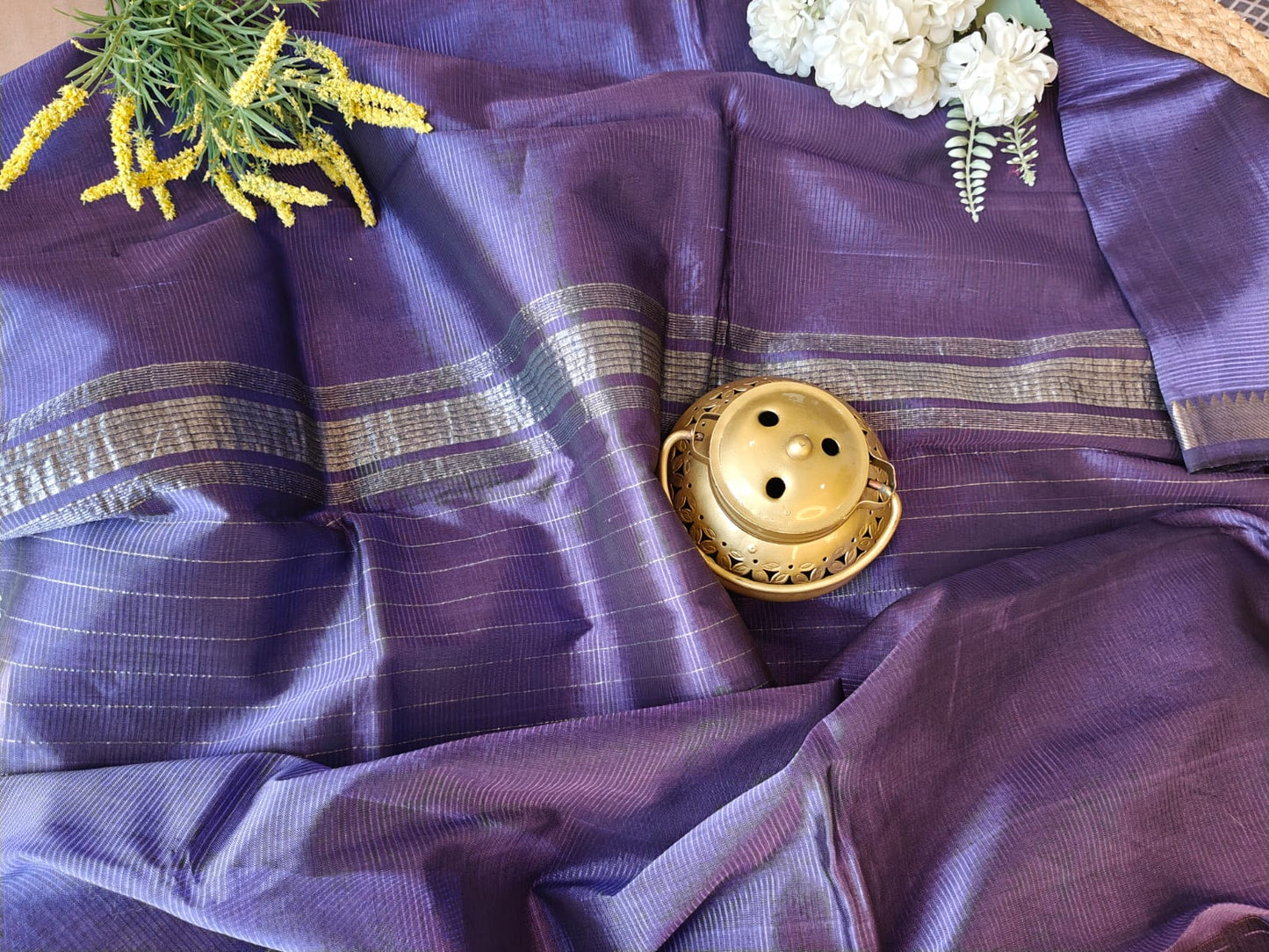 Royal Purple Silver Border Mangalagiri Saree