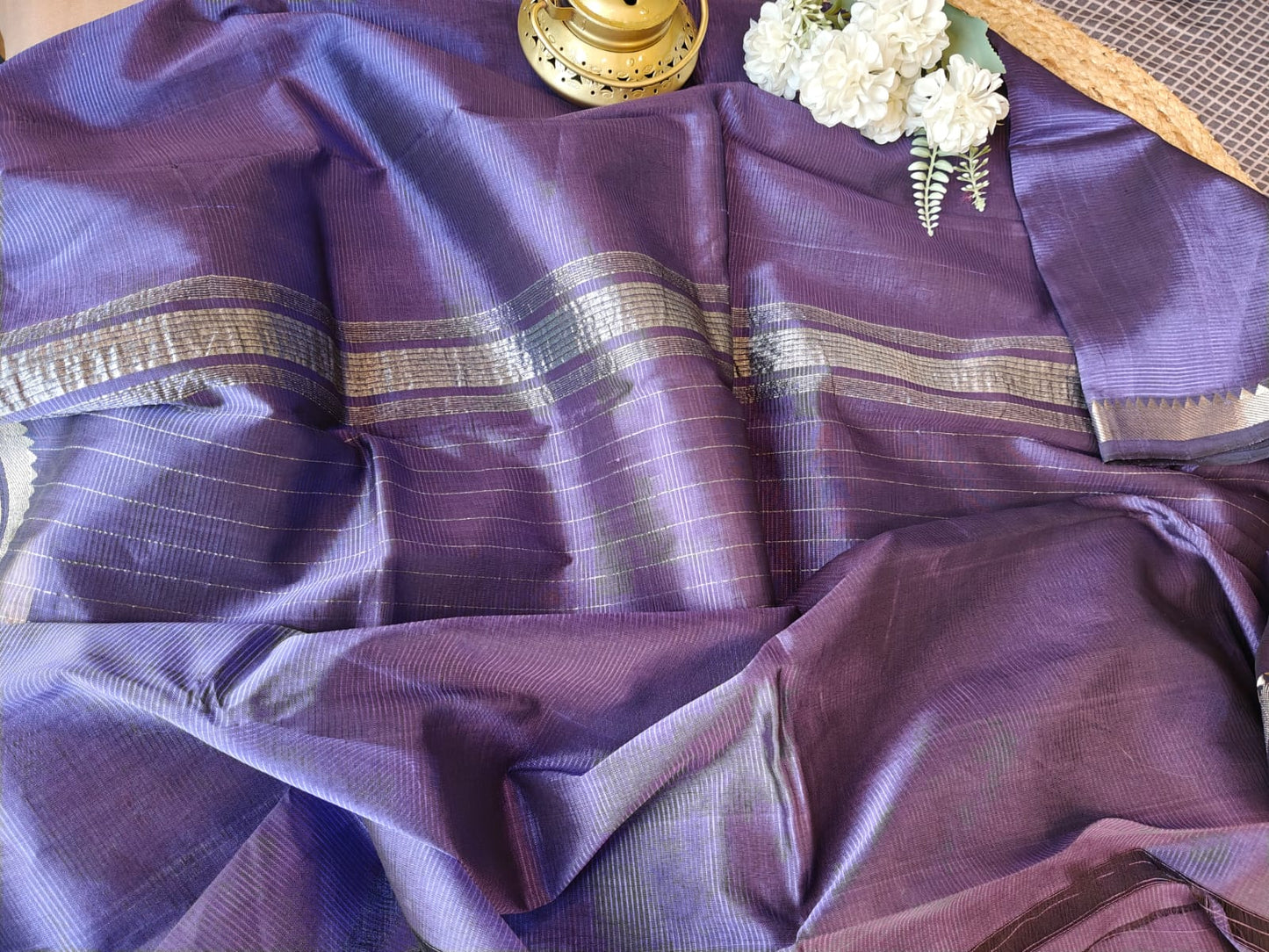 Royal Purple Silver Border Mangalagiri Saree