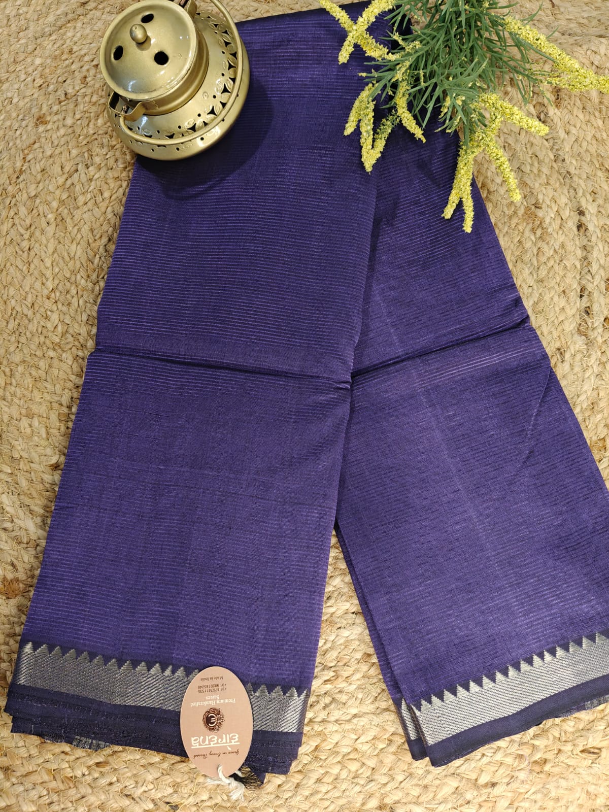 Royal Purple Silver Border Mangalagiri Saree