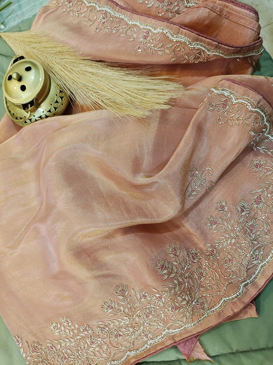 Peach Glow – Handwork Tissue Saree