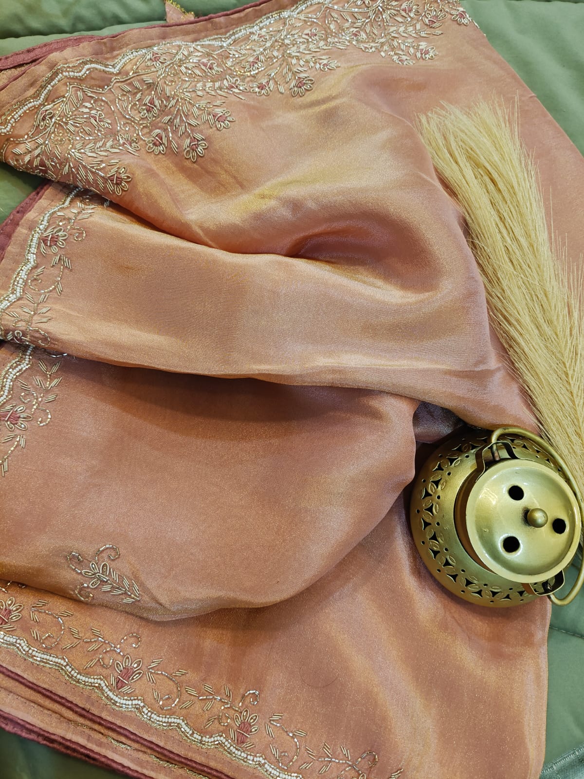 Peach Glow – Handwork Tissue Saree