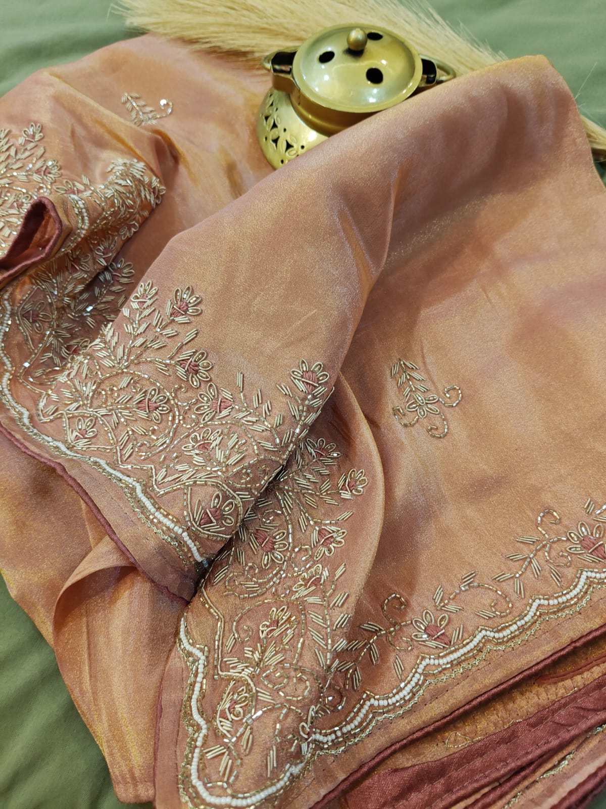 Peach Glow – Handwork Tissue Saree