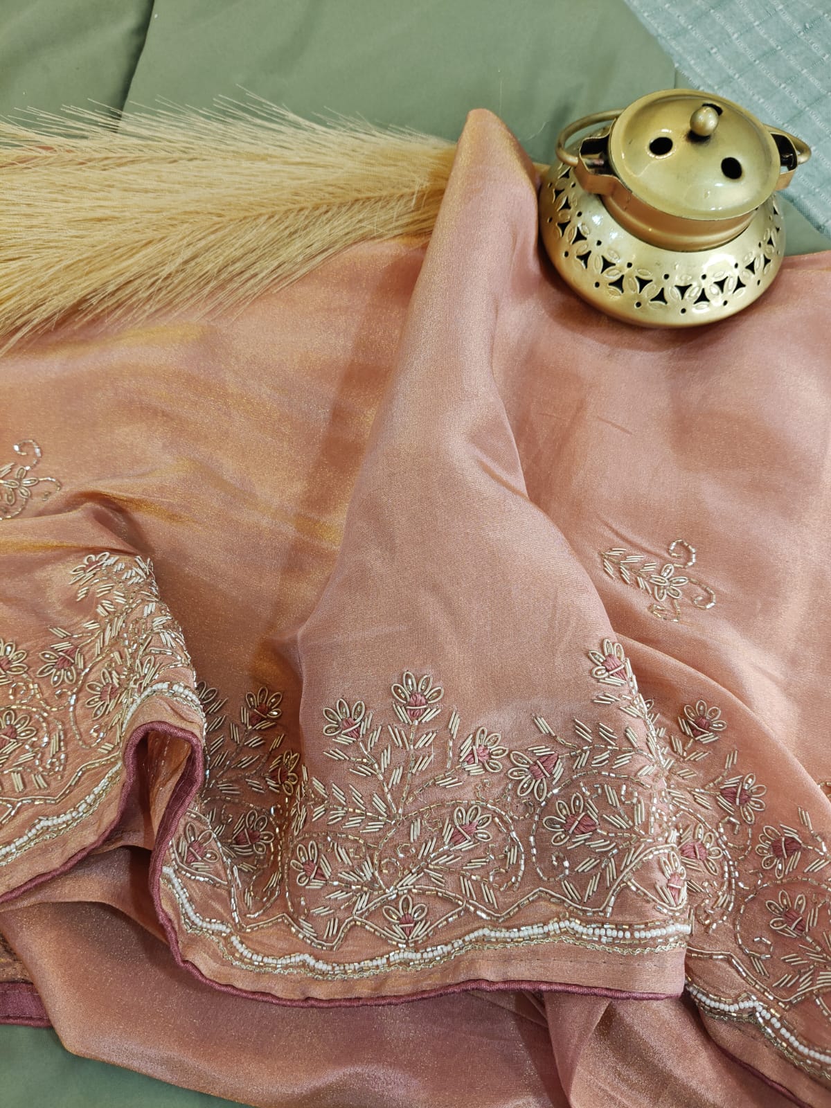 Peach Glow – Handwork Tissue Saree