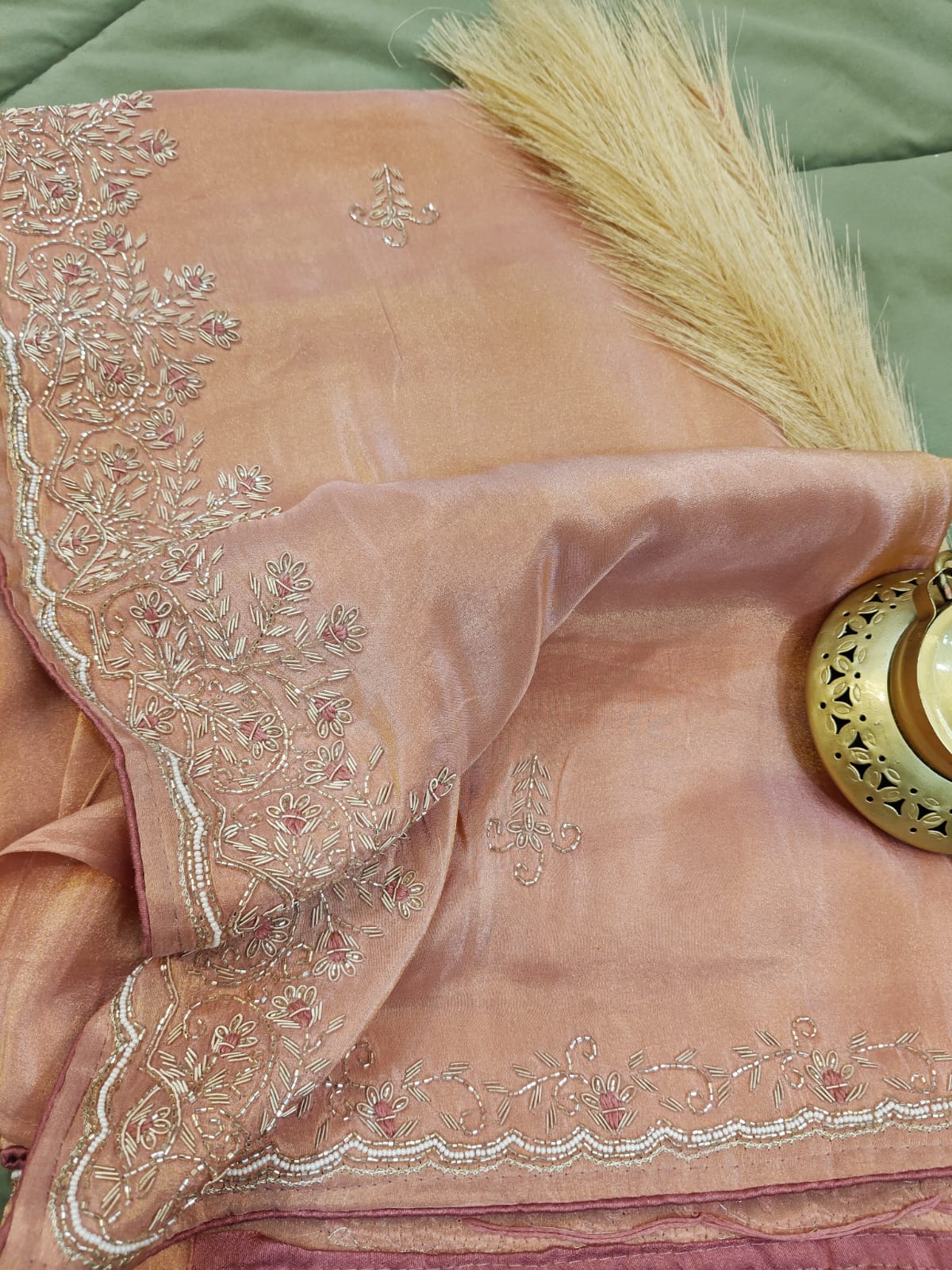Peach Glow – Handwork Tissue Saree