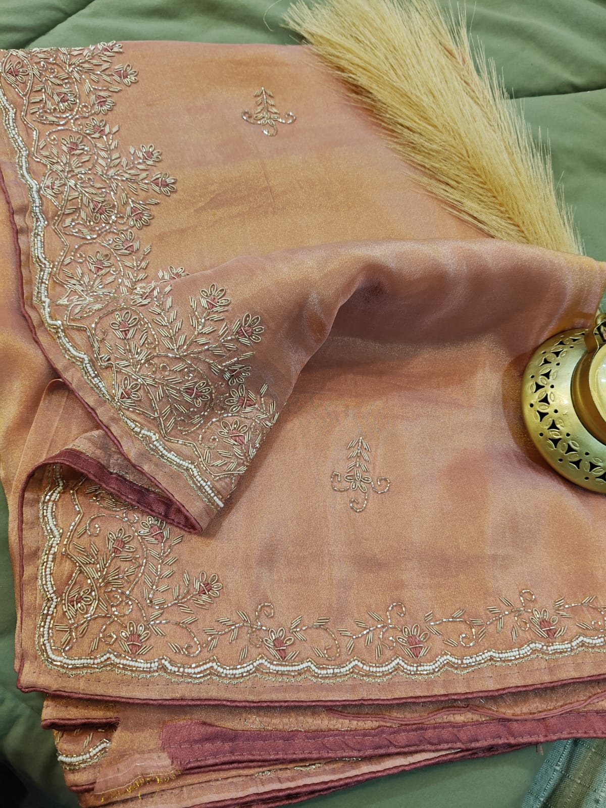Peach Glow – Handwork Tissue Saree