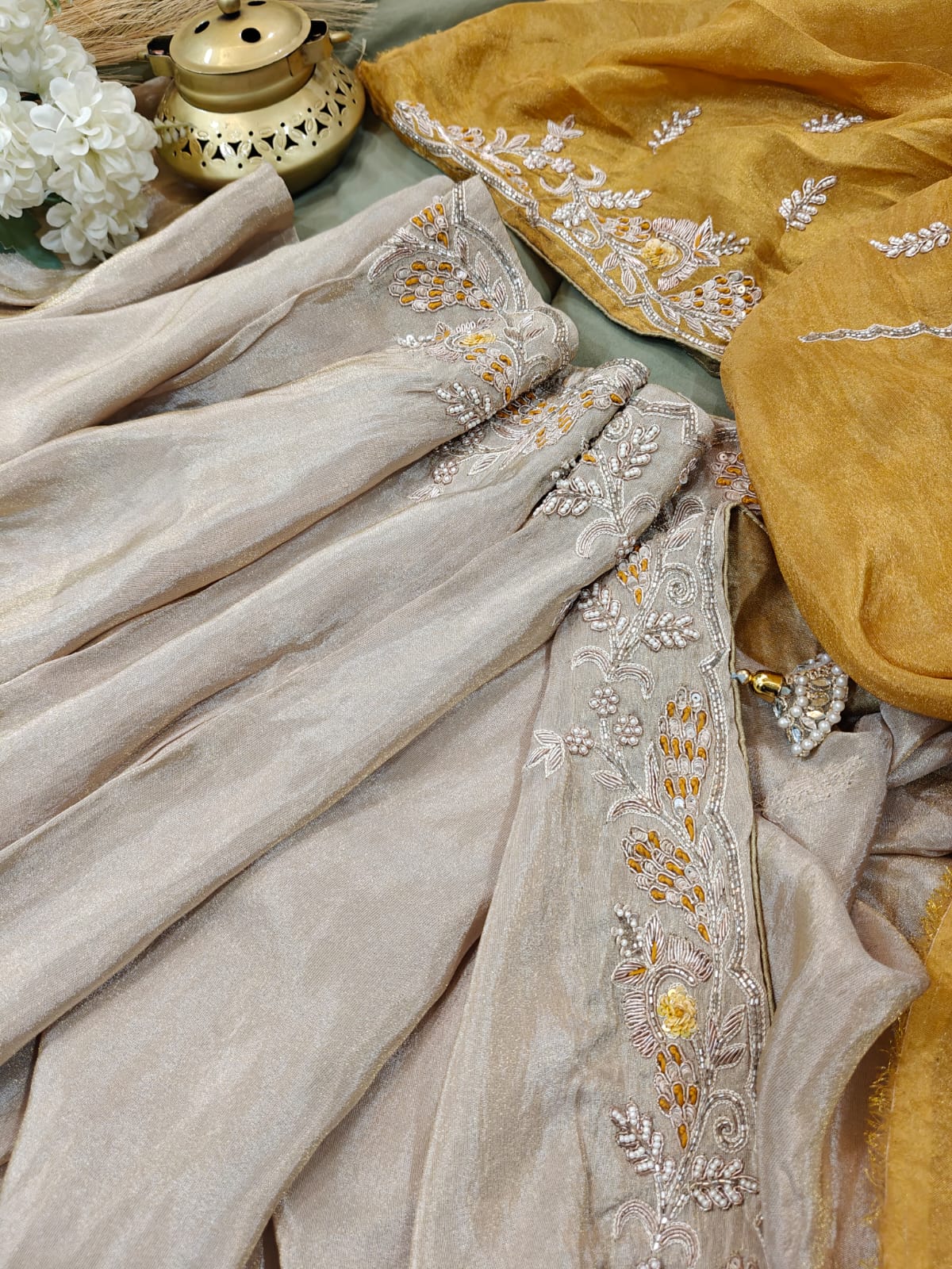 Ivory & Mustard Grace – Handwork Tissue Saree