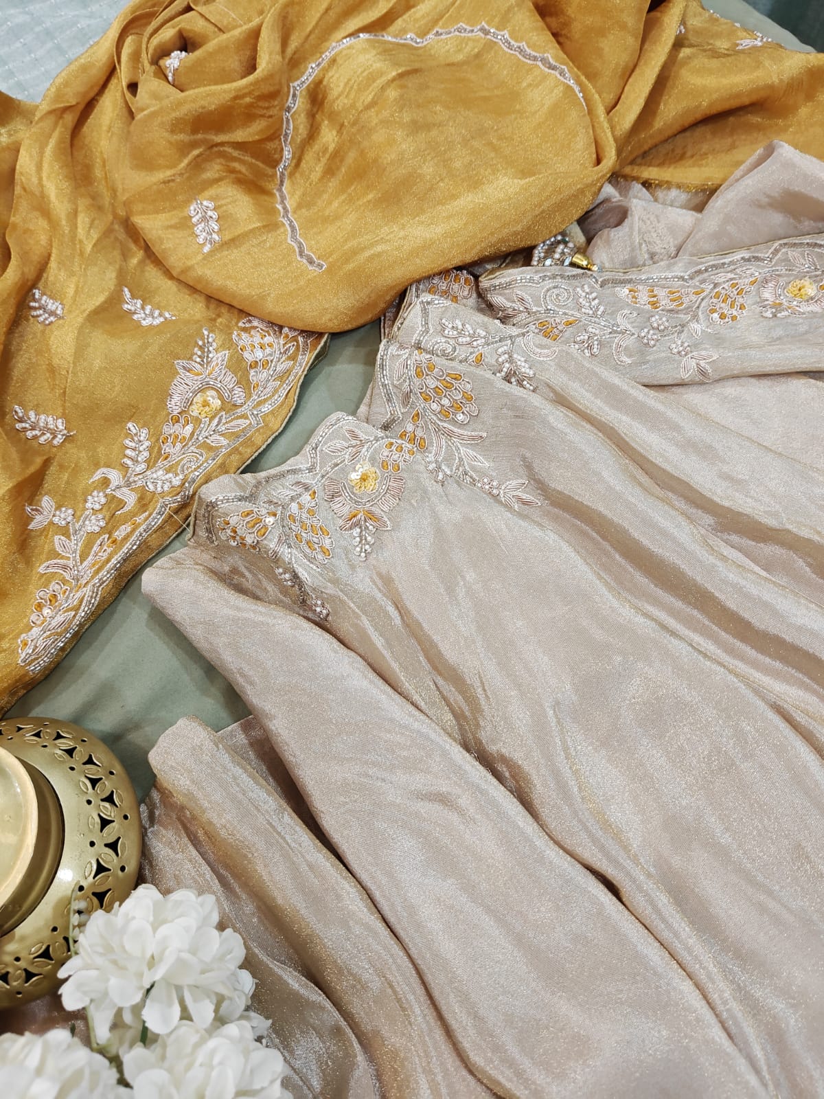 Ivory & Mustard Grace – Handwork Tissue Saree