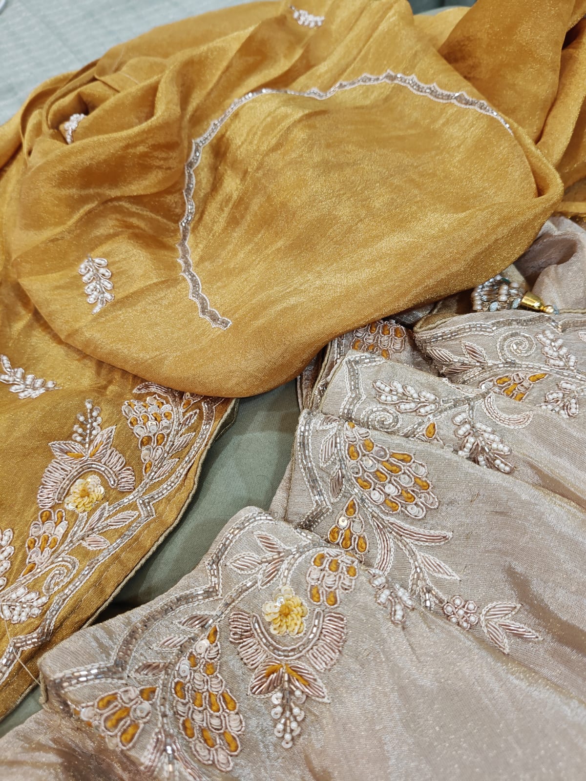 Ivory & Mustard Grace – Handwork Tissue Saree