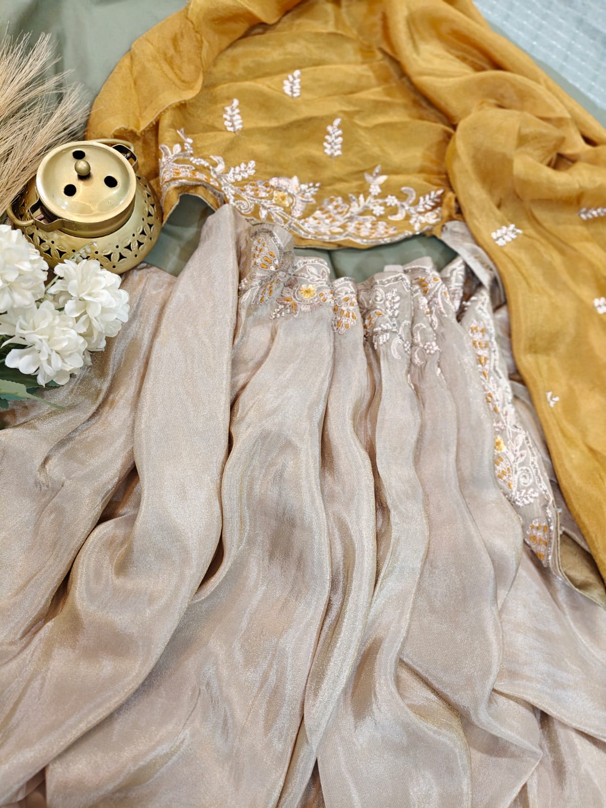 Ivory & Mustard Grace – Handwork Tissue Saree