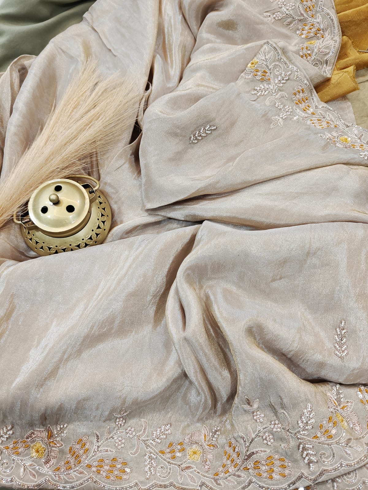 Ivory & Mustard Grace – Handwork Tissue Saree