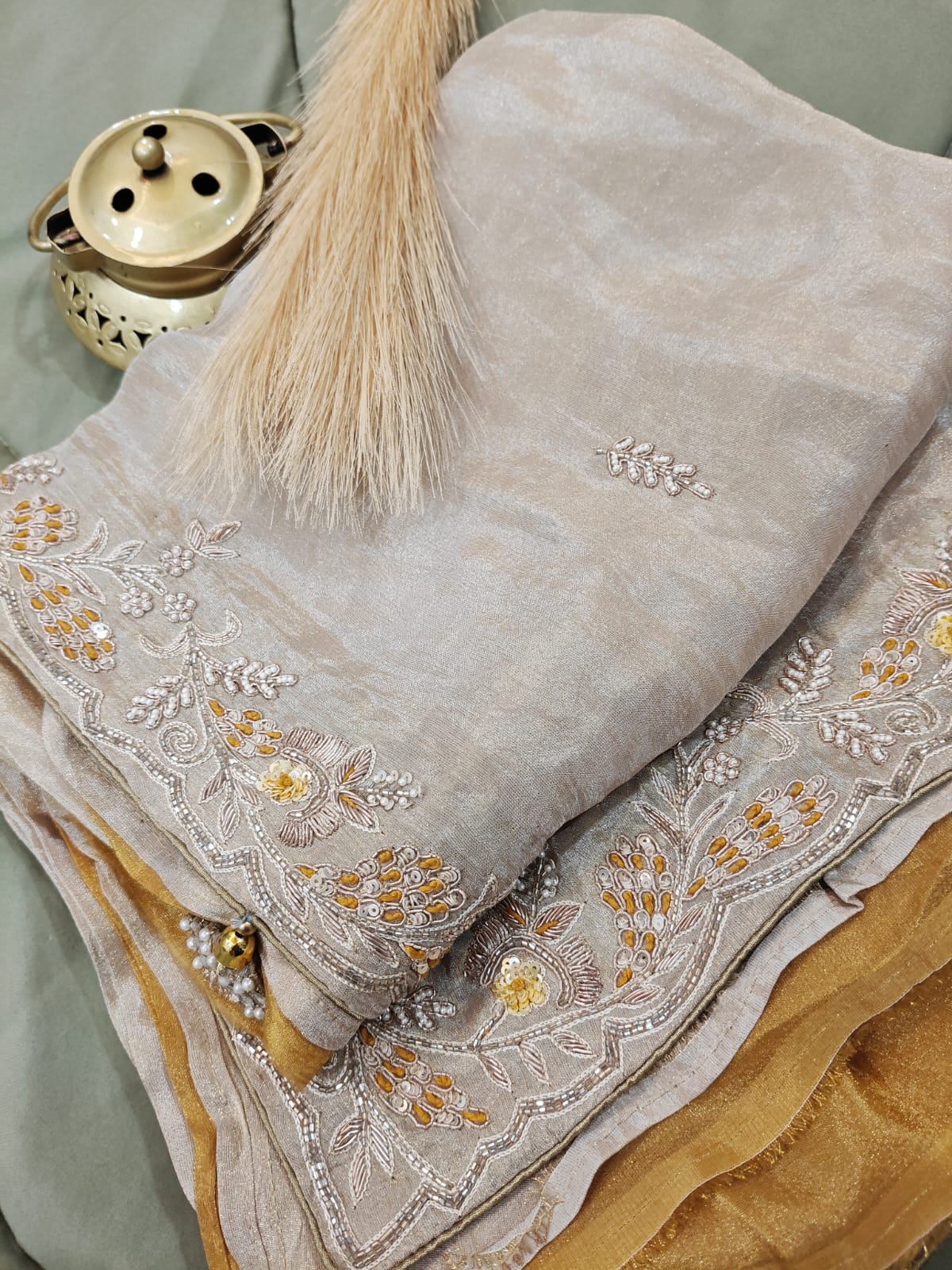 Ivory & Mustard Grace – Handwork Tissue Saree