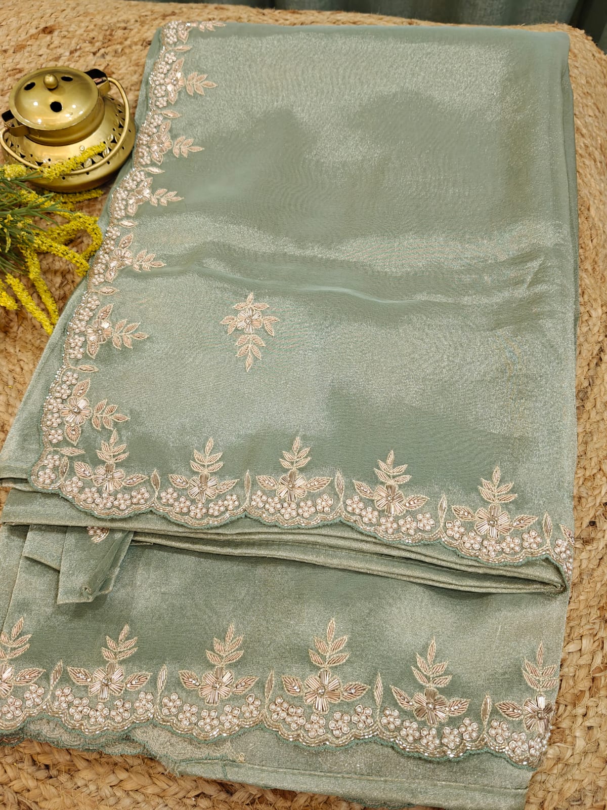 Mint Whisper Tissue Handwork Saree