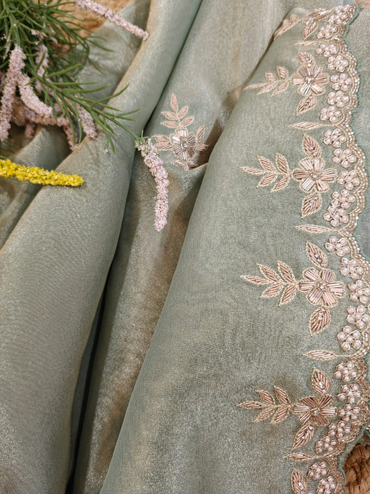 Mint Whisper Tissue Handwork Saree