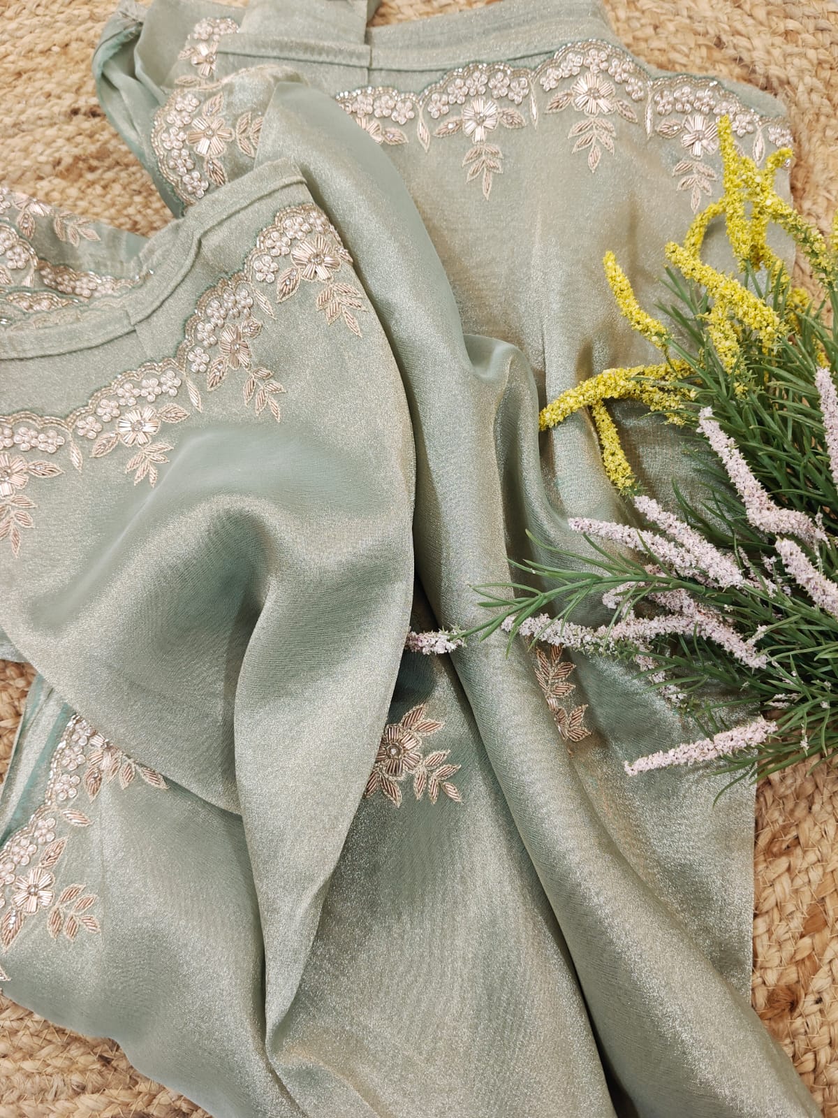 Mint Whisper Tissue Handwork Saree