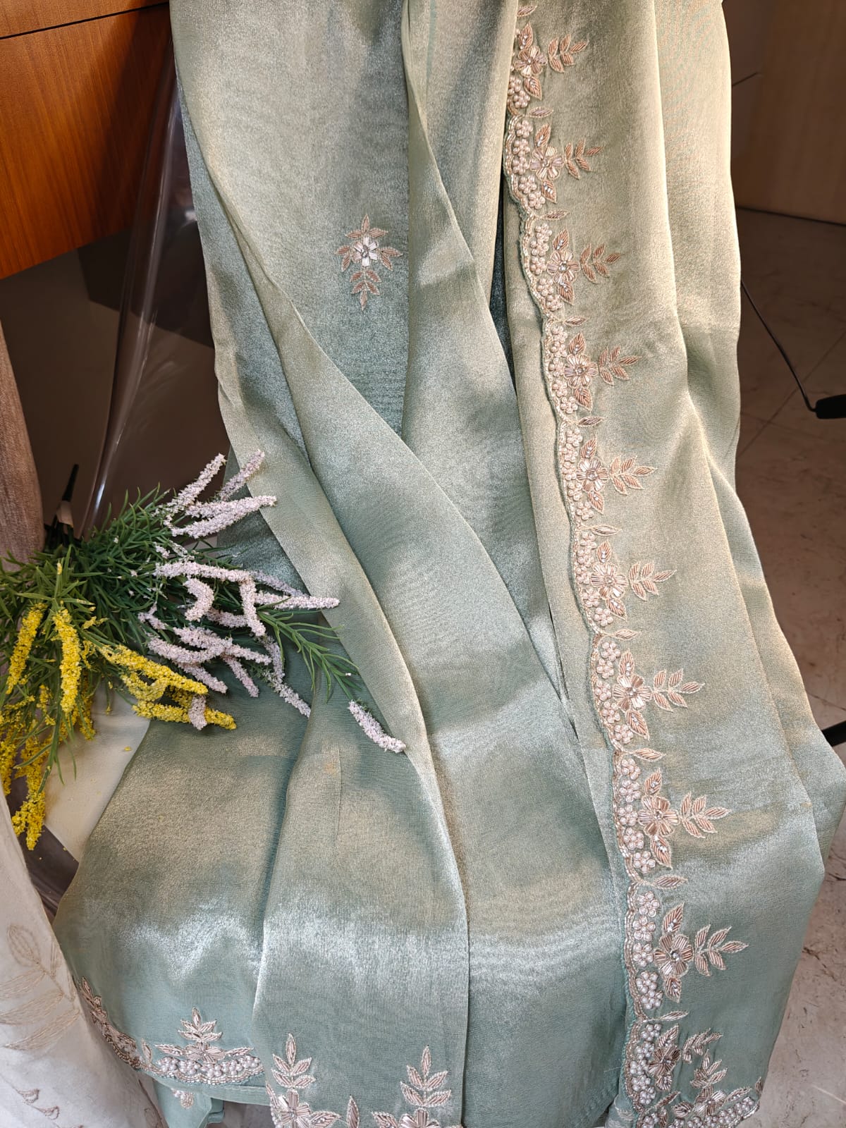Mint Whisper Tissue Handwork Saree