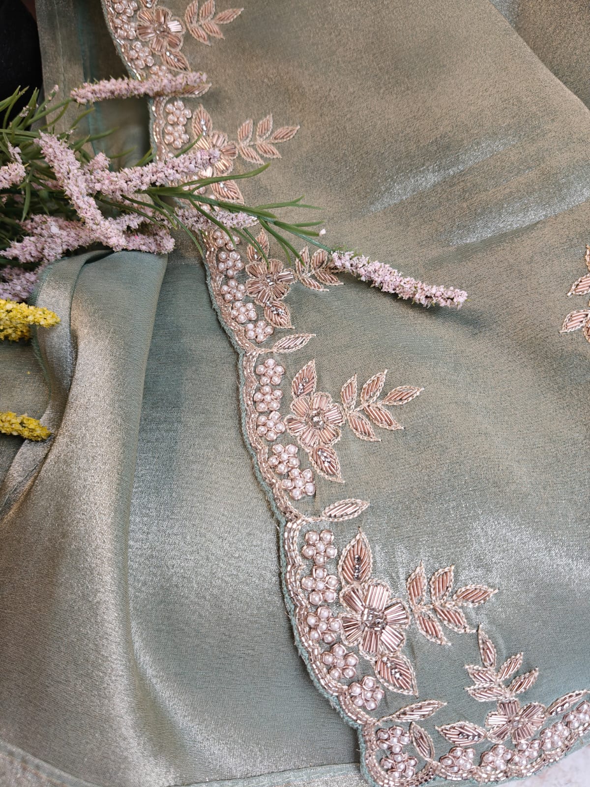 Mint Whisper Tissue Handwork Saree