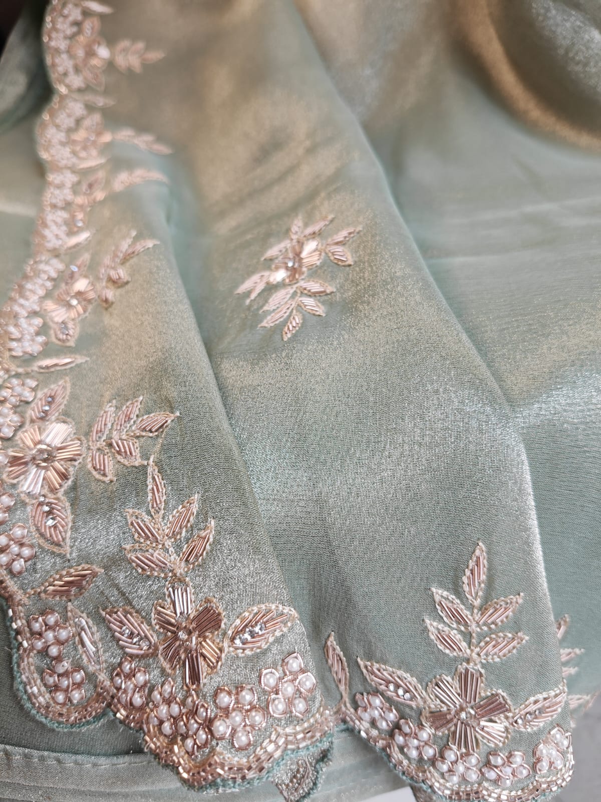 Mint Whisper Tissue Handwork Saree