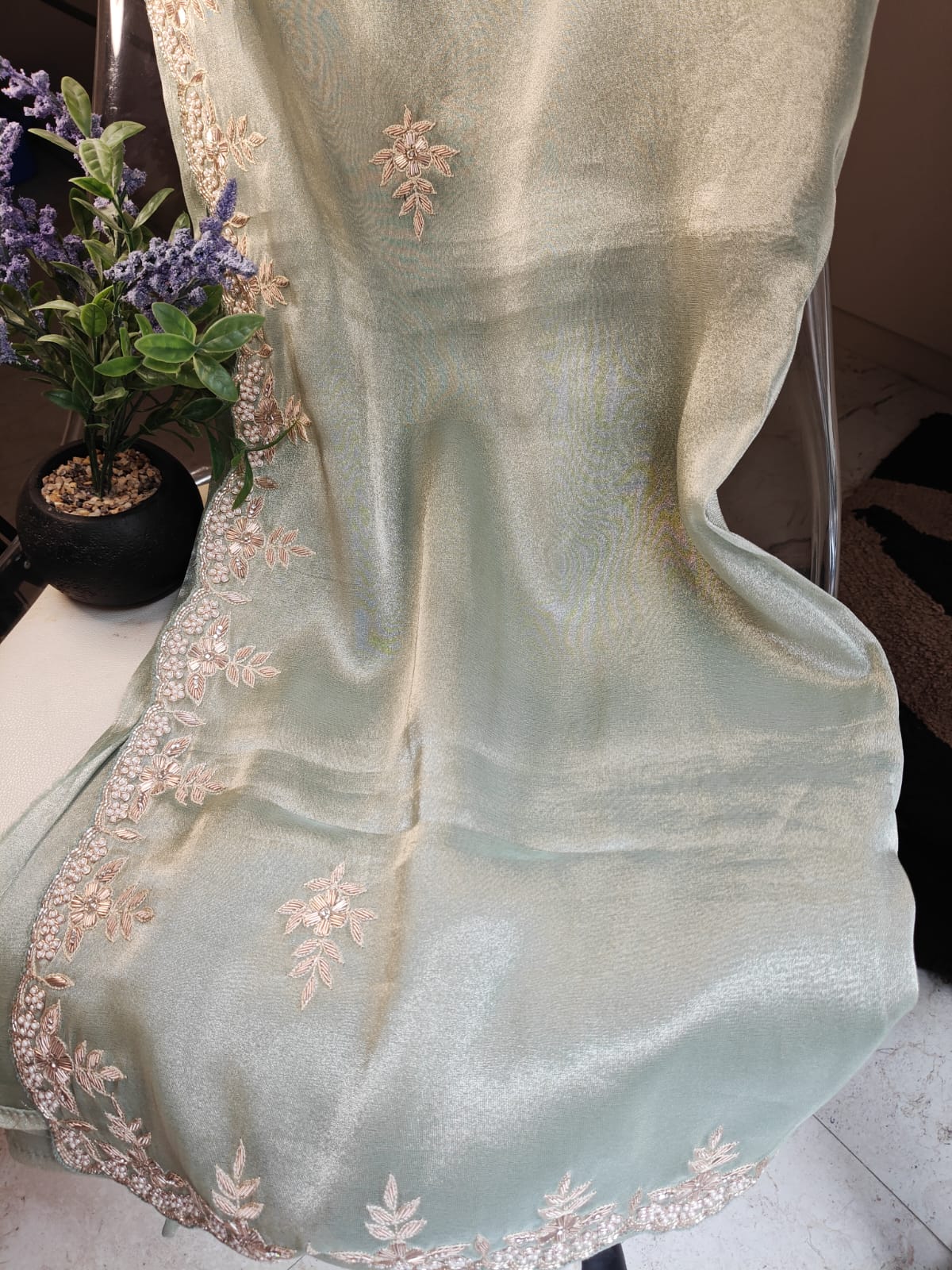 Mint Whisper Tissue Handwork Saree