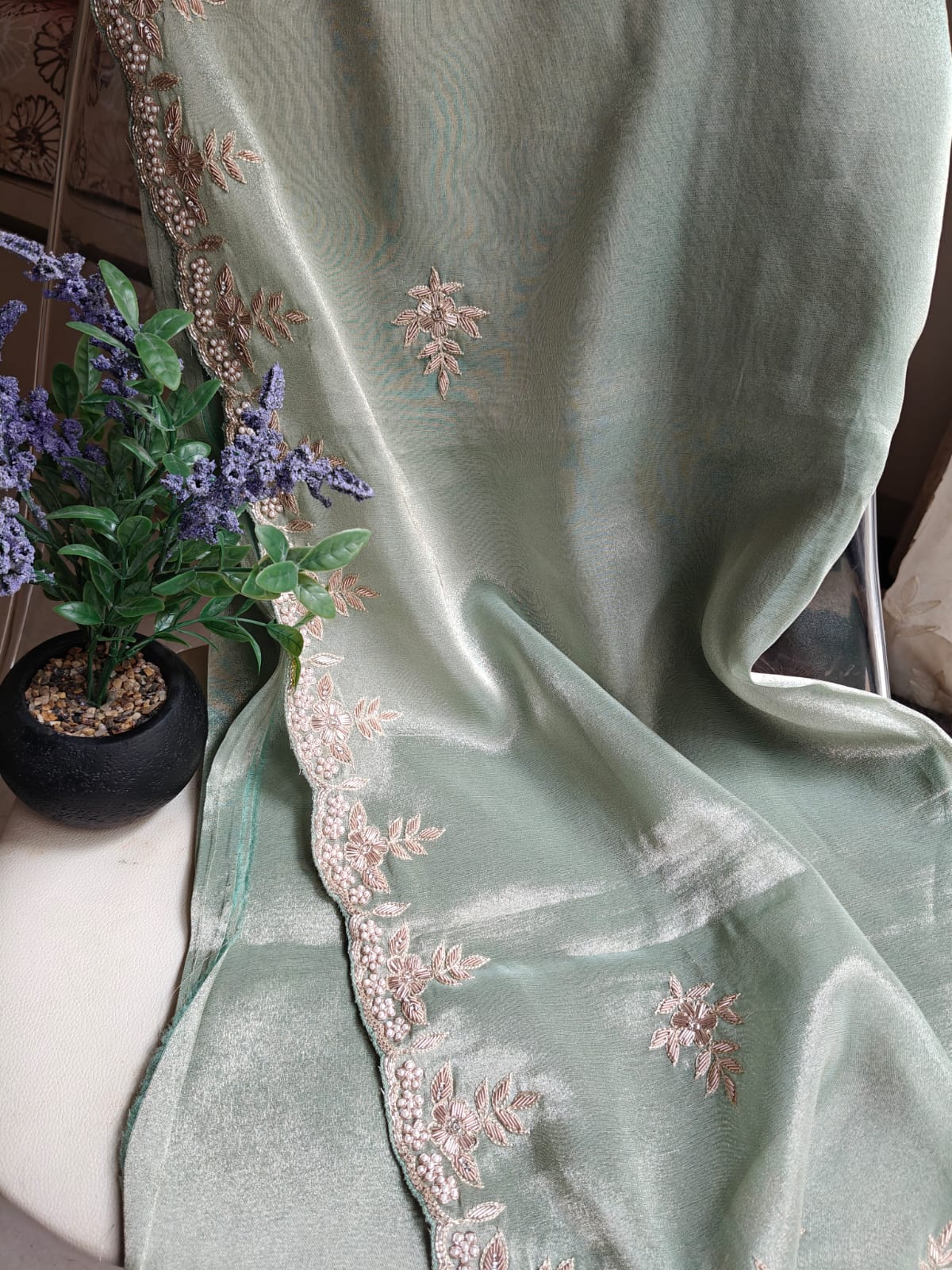 Mint Whisper Tissue Handwork Saree