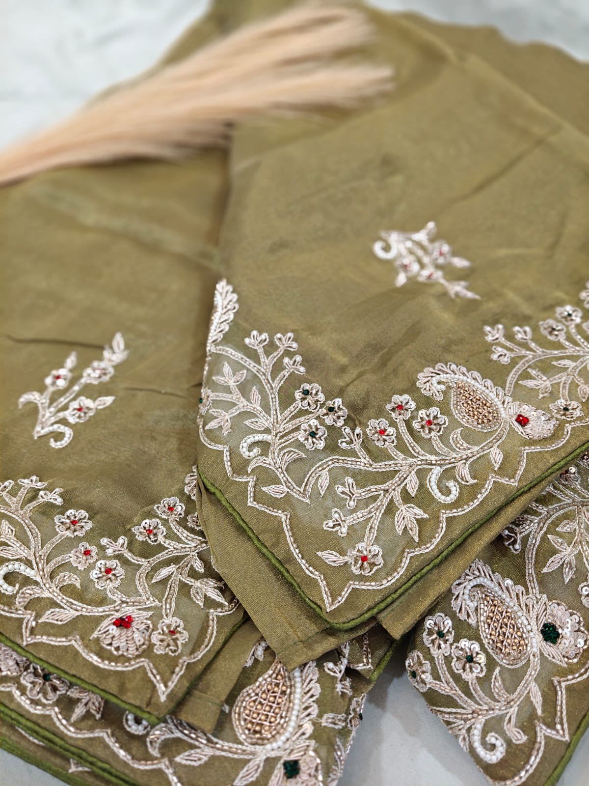 Noor-e-Olive – Intricate Tissue Handwork Saree