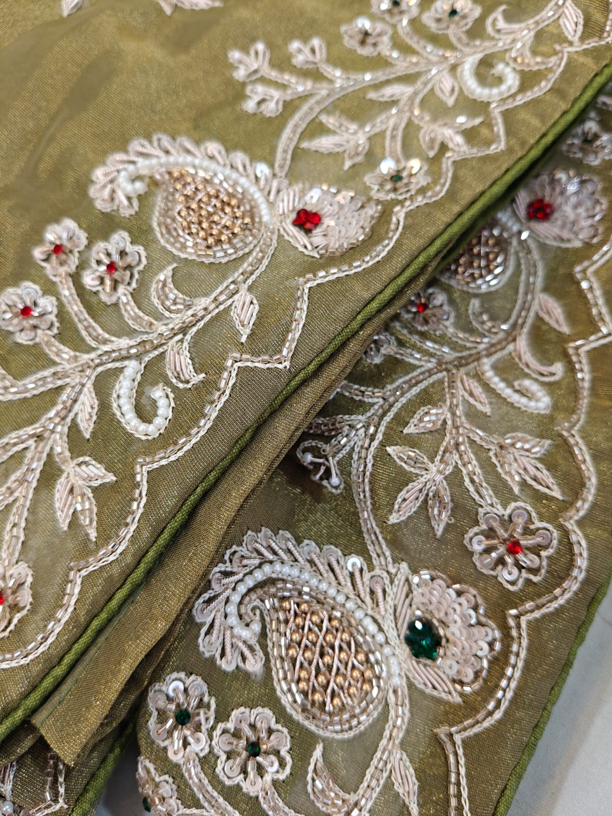 Noor-e-Olive – Intricate Tissue Handwork Saree