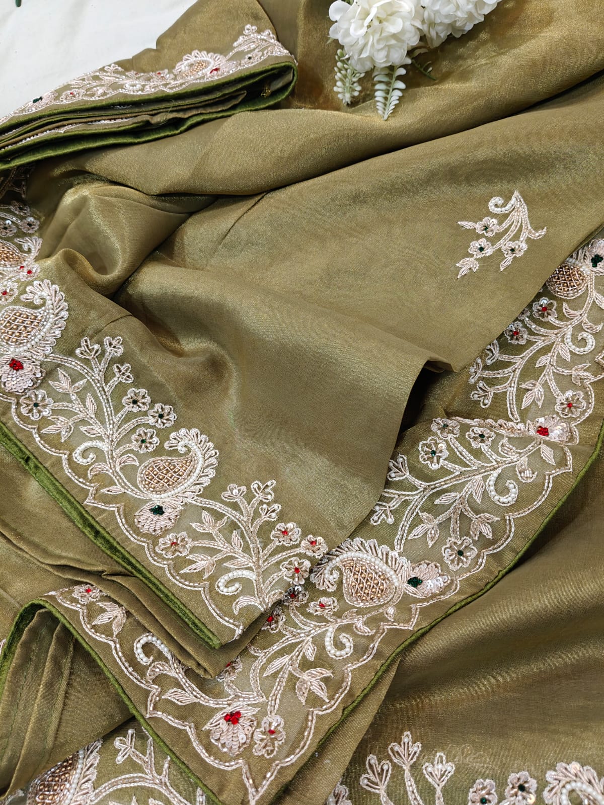 Noor-e-Olive – Intricate Tissue Handwork Saree