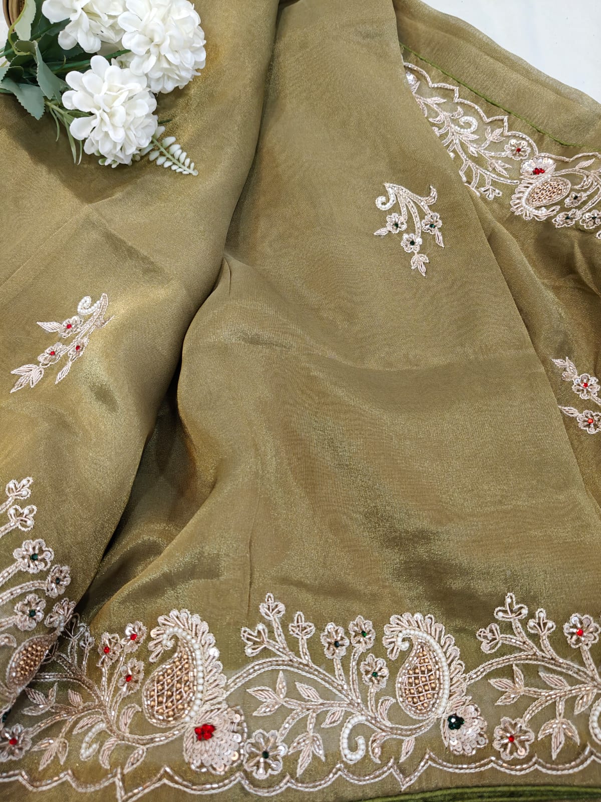 Noor-e-Olive – Intricate Tissue Handwork Saree
