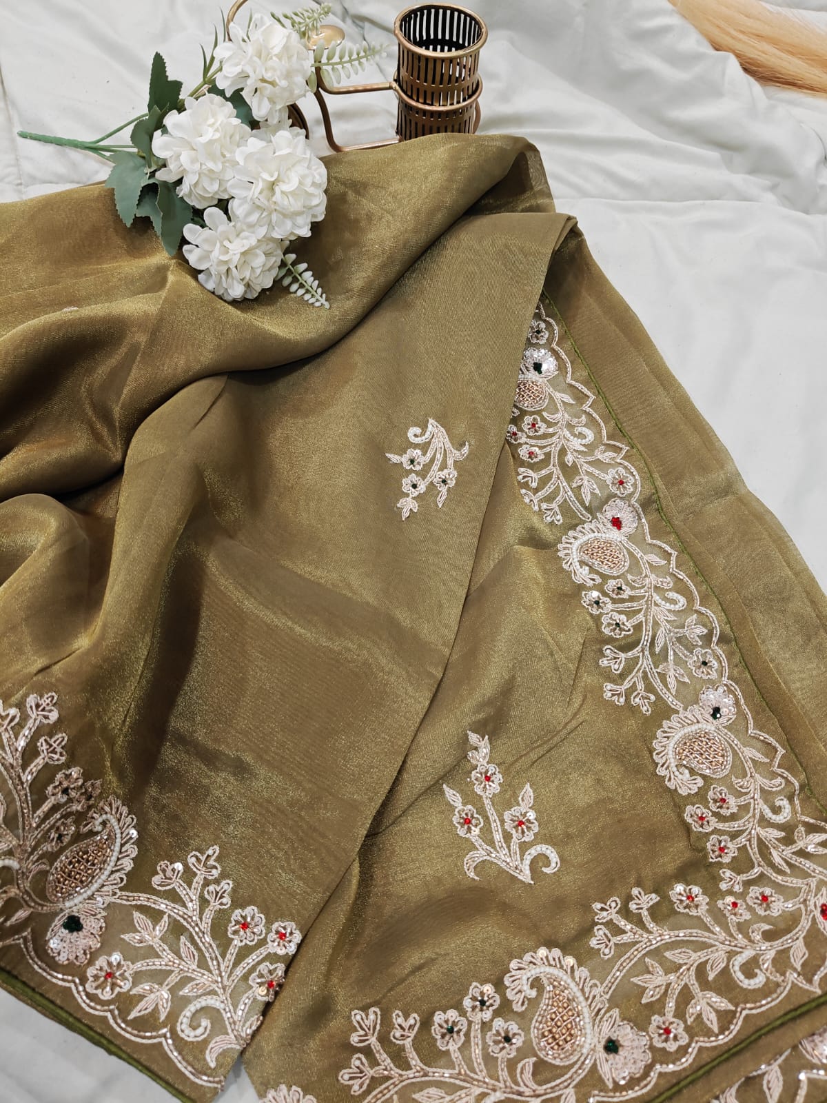 Noor-e-Olive – Intricate Tissue Handwork Saree