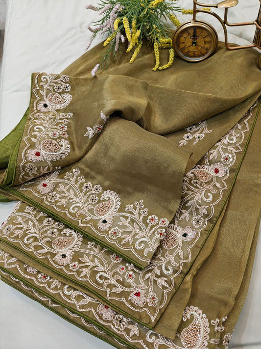 Noor-e-Olive – Intricate Tissue Handwork Saree