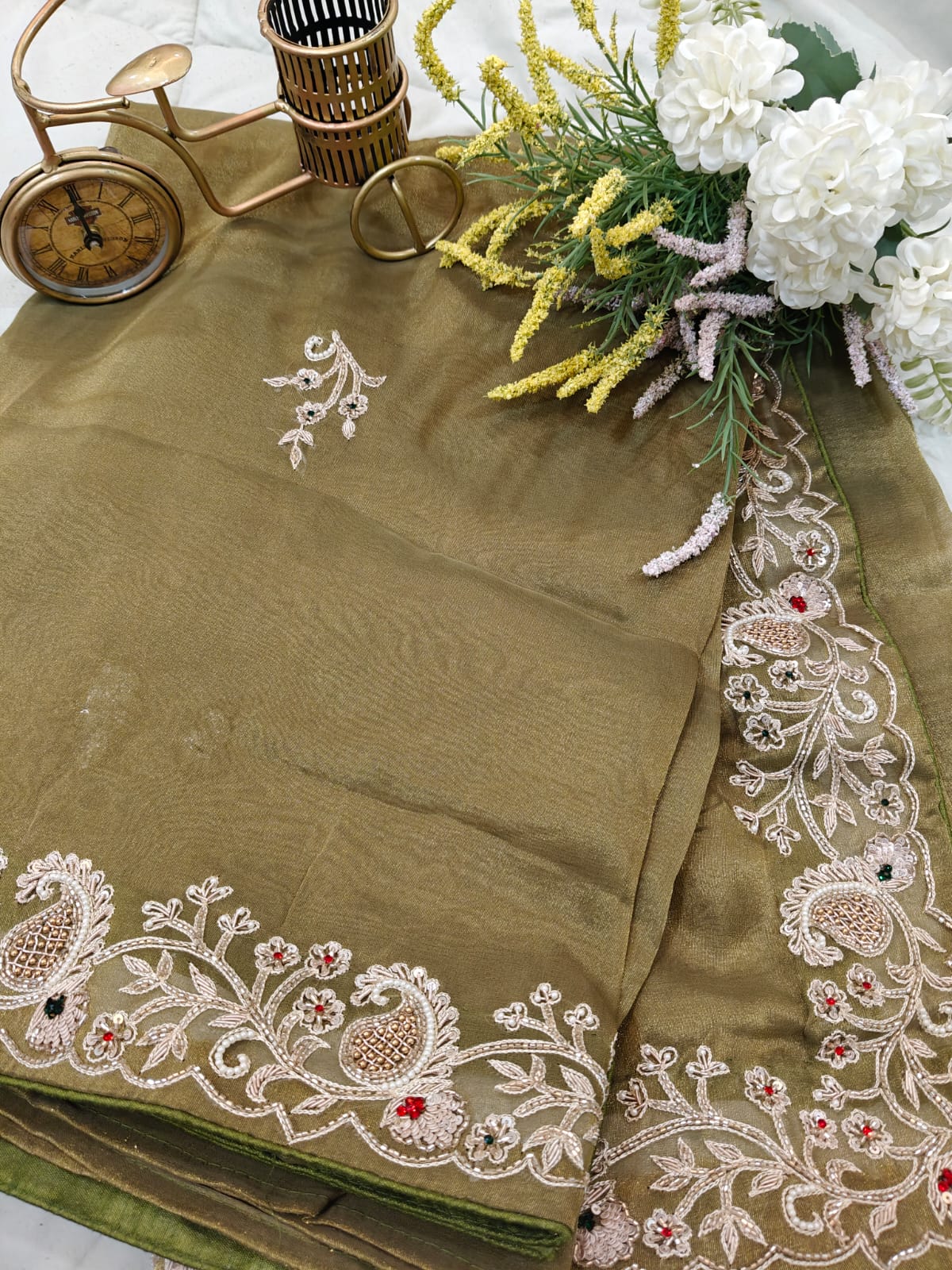 Noor-e-Olive – Intricate Tissue Handwork Saree