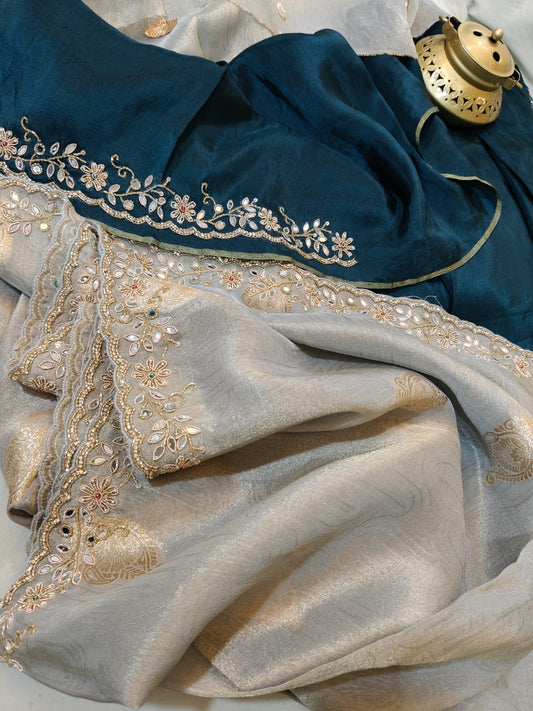 Soft Silver-grey and Teal-Blue Tissue Handwork Saree