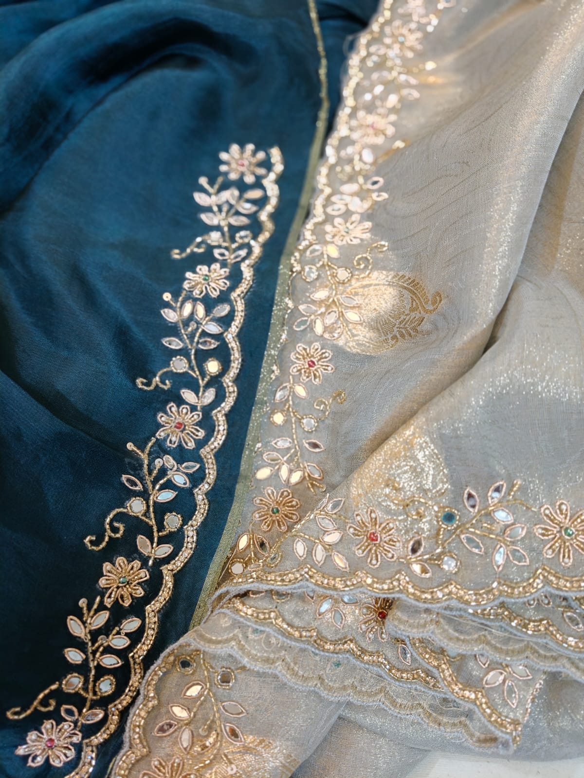 Soft Silver-grey and Teal-Blue Tissue Handwork Saree
