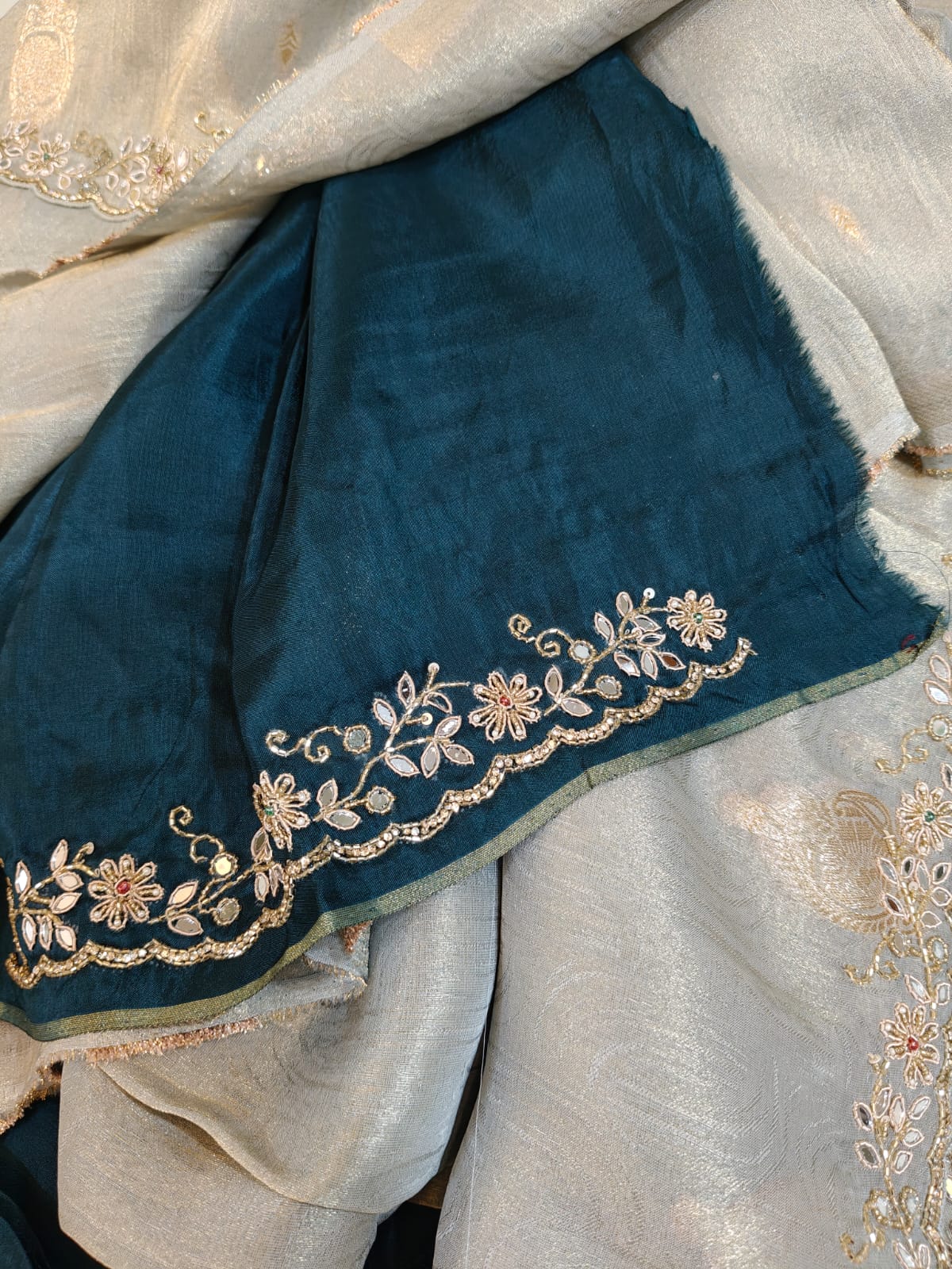 Soft Silver-grey and Teal-Blue Tissue Handwork Saree