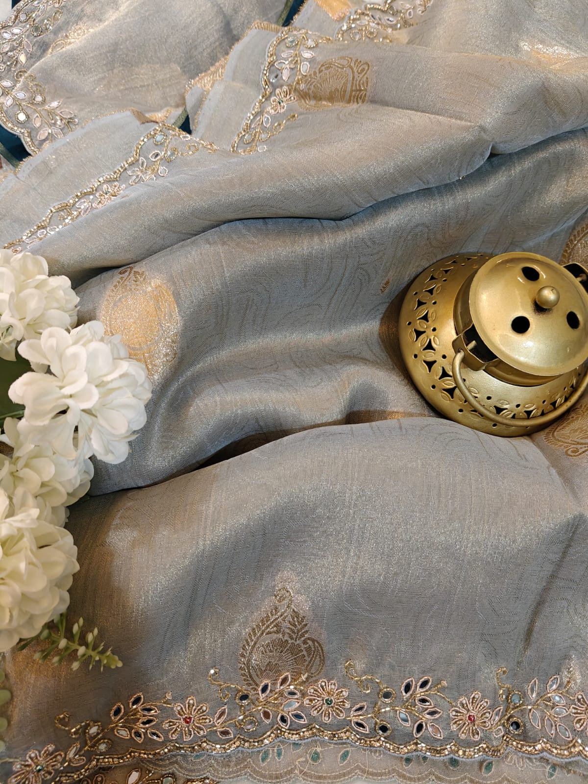 Soft Silver-grey and Teal-Blue Tissue Handwork Saree