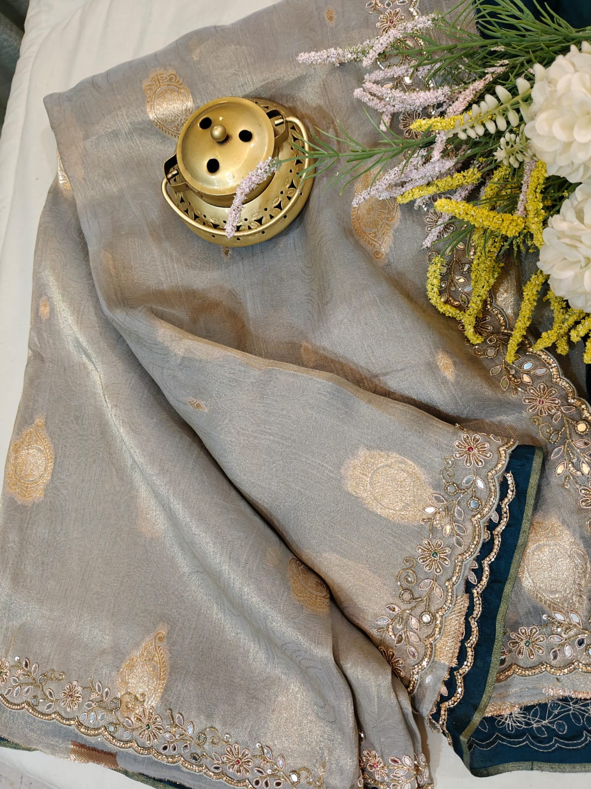 Soft Silver-grey and Teal-Blue Tissue Handwork Saree