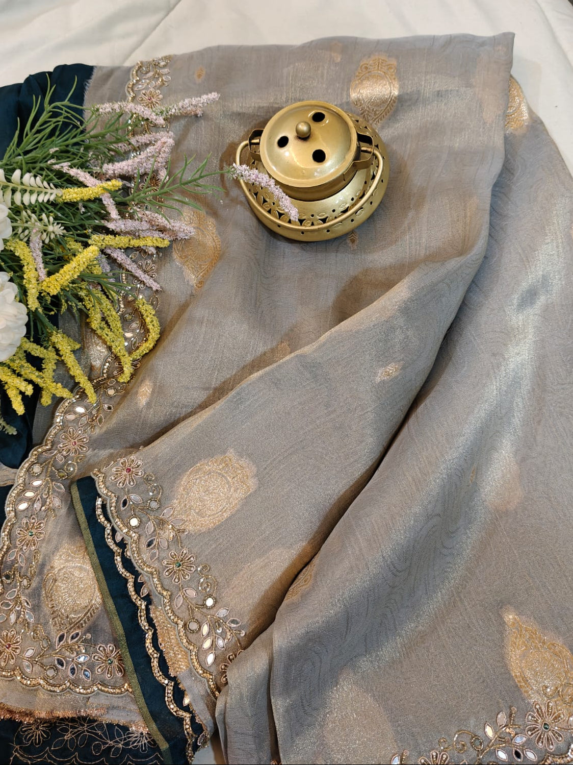 Soft Silver-grey and Teal-Blue Tissue Handwork Saree