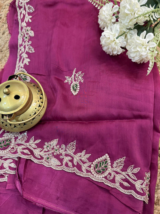 Rich Magenta Blossom Silver Handwork Crepe Saree
