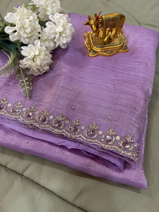 Lavender Crushed Tissue Handwork Saree