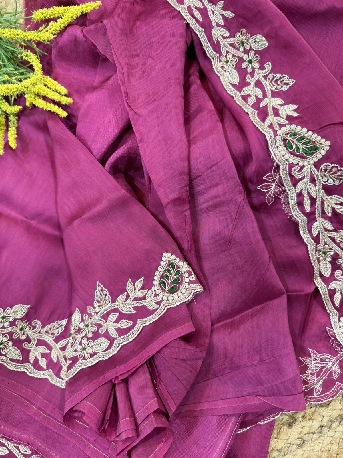 Rich Magenta Blossom Silver Handwork Crepe Saree