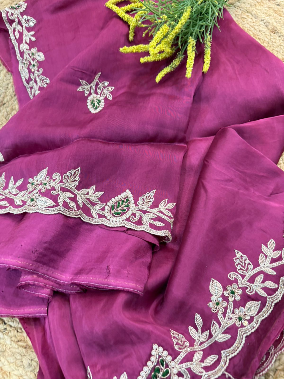 Rich Magenta Blossom Silver Handwork Crepe Saree