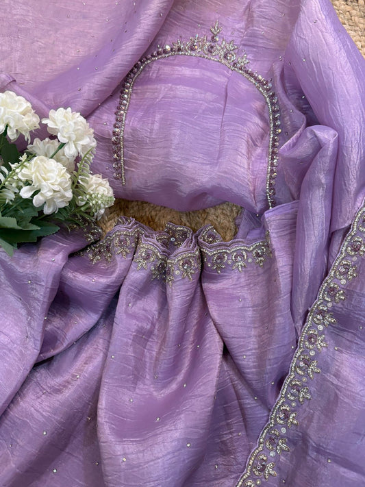Lavender Crushed Tissue Handwork Saree